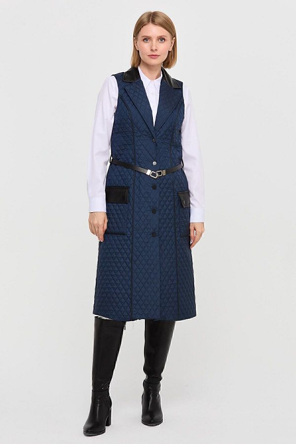 Desen Triko-Women's Quilted Collar and Pocket Leather Long Vest Navy Blue Narrow Calip! 1
