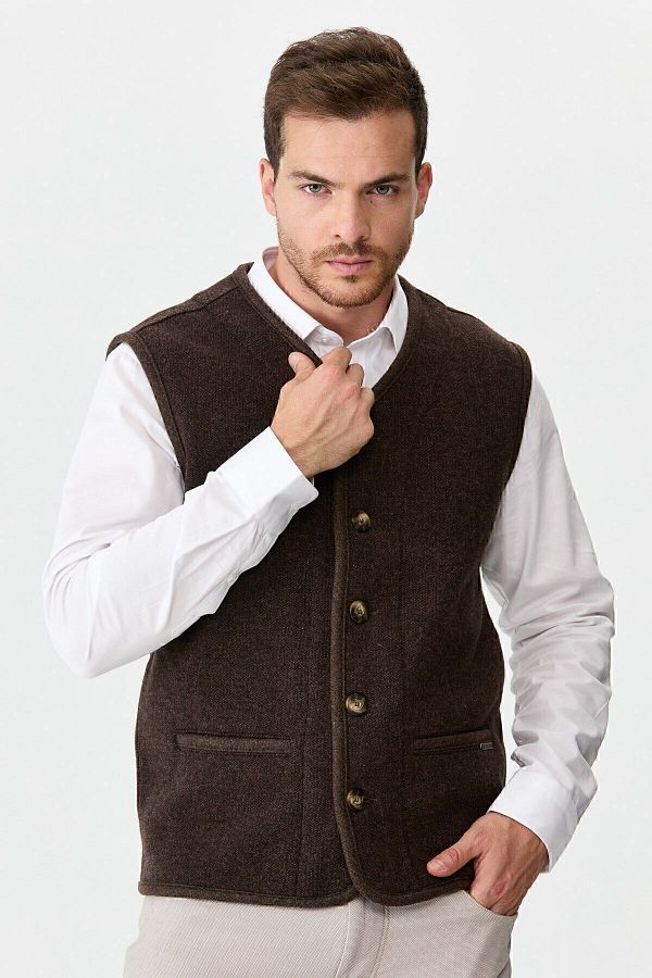 Desen Triko-Men's V-Neck Pique Woven Wool Vest with Felt Accessories Dark Brown 1