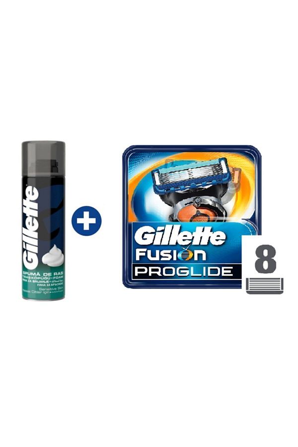 Gillette-Fusion Proglide - Refill Razor 8 Pack + Shaving Foam 200ml Sensitive Skin 1