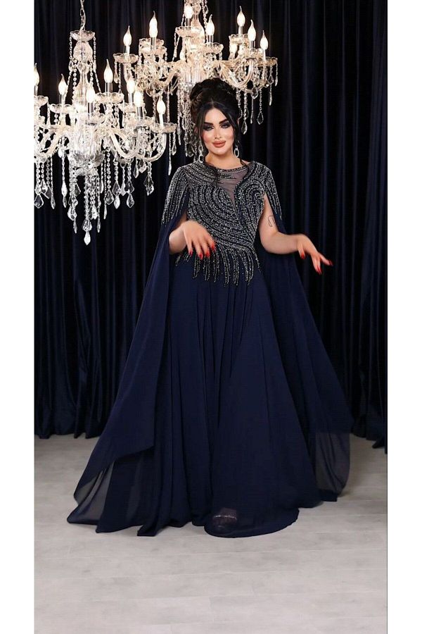 ZENAB YEM Zena Fashion Stone Embroidered Low Cut Cape Sleeve Evening Dress Trendyol