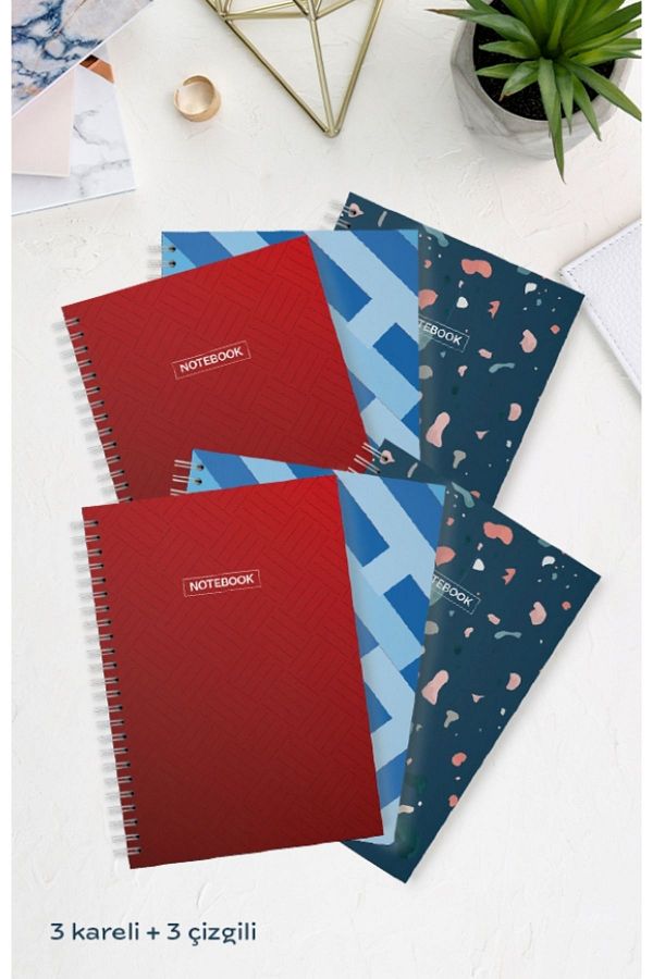 Hobbi Tasarım-A4 School Notebook - 3 Checkers and 3 Lines, Pack of 6, 70 Sheets 1