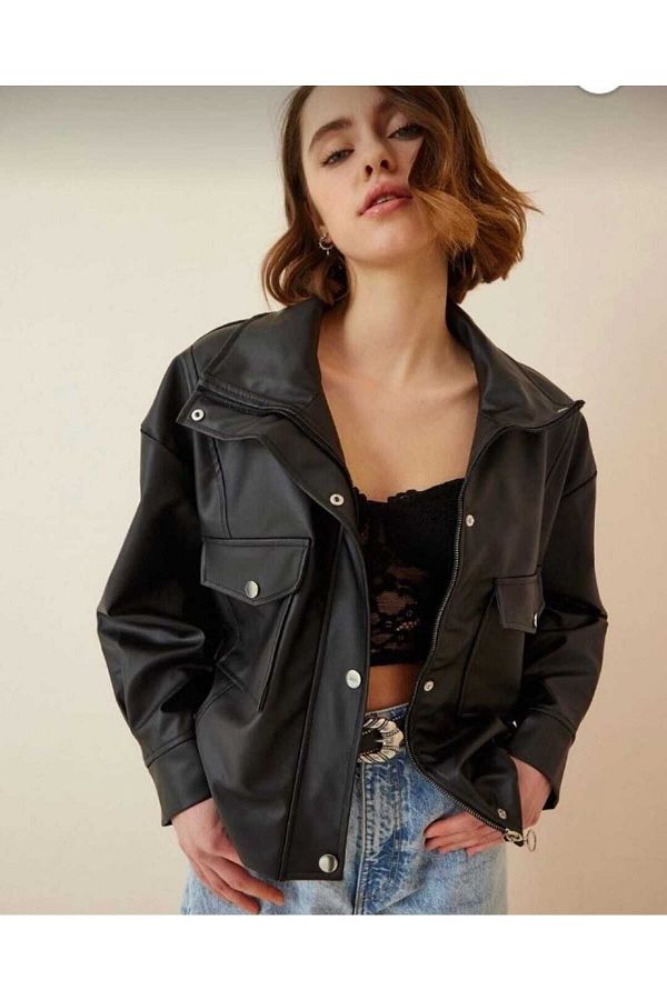 August Leather Jacket with Side Ruffle Detail Oversize Trendyol