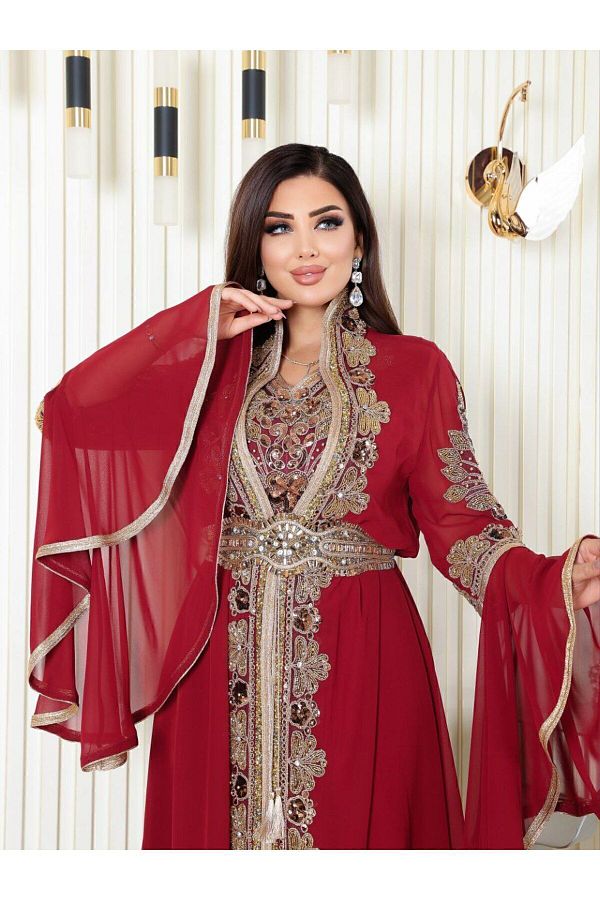 ALWAKI Bead and Pearl Embroidered Red Queen Caftan Summer Dress With Belt Trendyol
