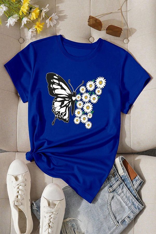 uyguntarz-Baumwoll-T-Shirt mit Gänseblümchen-Schmetterlings-Design 1