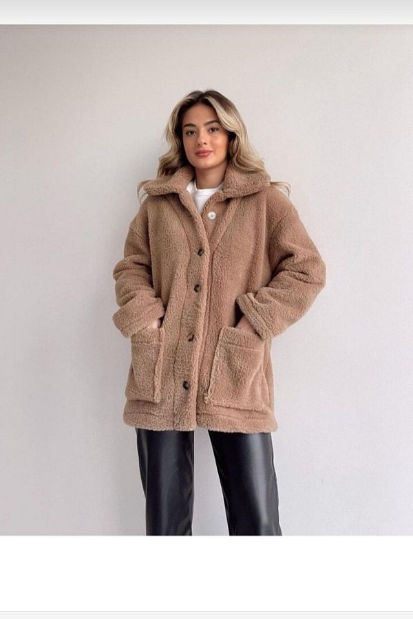 GENÇ MODA-Oversize Collared Unlined Buttoned Plush Jacket 1