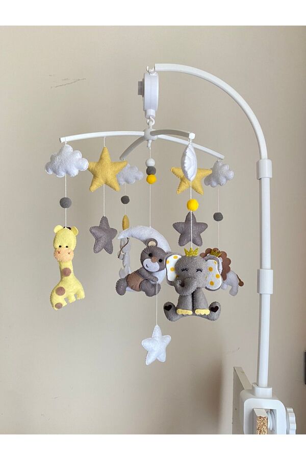 SefDen Lazer Kesim Atölyesi (Müzik - Aparat Dahil)Karışık hayvan figürlü sarı gri el yapımı kız veya erkek bebek beşik dönencesi