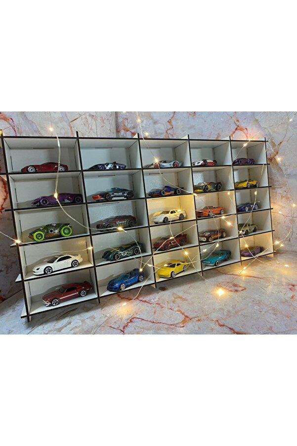 ReFason Desing Ahşap Araba Rafı 25'li Beyaz Renk (Hotwheels ve Matcbox Arabaları Için Uygundur)