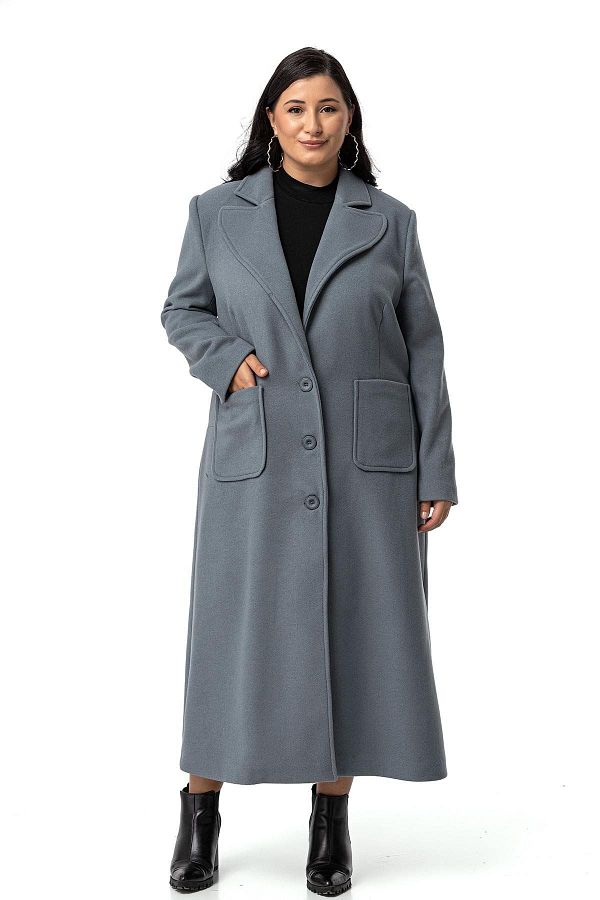 DISENTIS MODEST-Μακρύ μπλε παλτό με κασμίρ - Plus Size, Τσέπη τσάντας και επένδυση 1