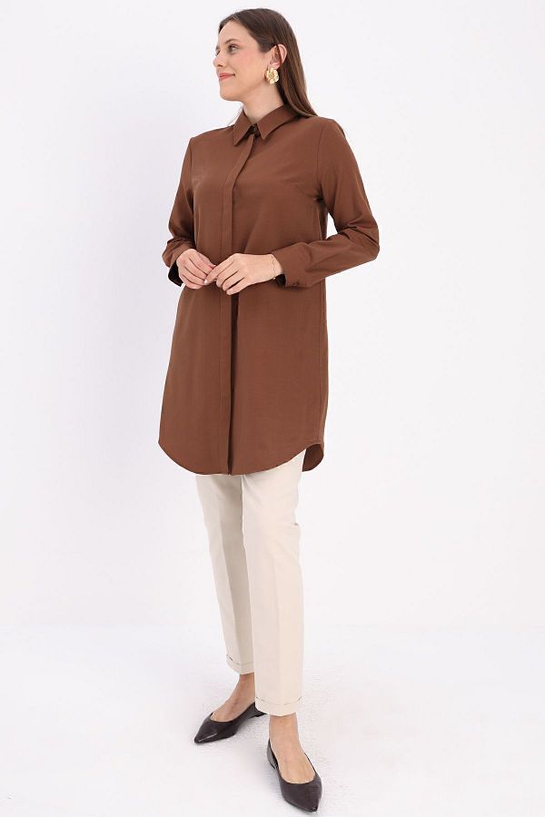 ALLDAY-Καφέ Basic Hidden Placket πουκάμισο Tunic 1