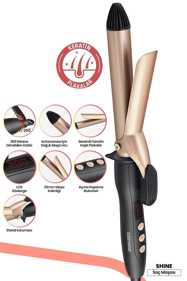 GOLDMASTER-25 Mm Hair Styling Tongs with Shine Digital Display Keratin Ceramic Plate Gold 1