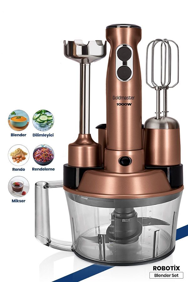 GOLDMASTER-Robotix 1000 Watt 5 In 1 Food Processor Multi Blender Set Gold 1