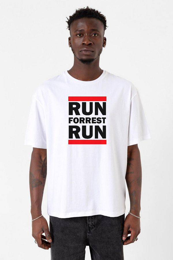 Tshirthane-Forrest Gump Run Forrest Run Λευκό ανδρικό μπλουζάκι μεγάλου μεγέθους 1