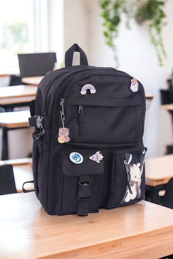 Roomys Black Kawaii Korean Style School Backpack With Accessories and Teddy Bear Trendyol