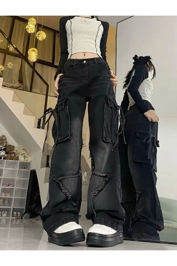 JUNNES Streetwear Harajuku Vintage Star Detail Baggy Aesthetic Unisex Pants Trendyol