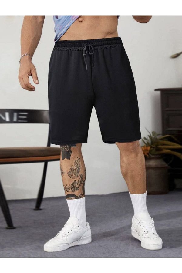 DEEPSENCE-Мъжки обикновени къси панталони от черен пениран плат Slimfit Fit 1