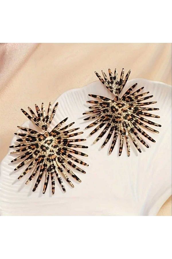 Bujiteri-Spiky Heart Design Retro Leopard Pattern Dangle Metal Earrings 1