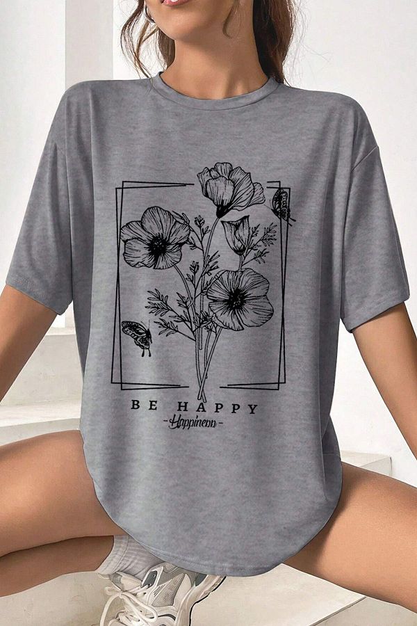 uyguntarz-Übergroßes Unisex-T-Shirt mit „Be Happy“-Aufdruck 1