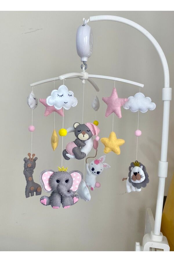 SefDen Lazer Kesim Atölyesi (Müzik - Aparat Dahil) Karışık hayvan figürlü pembe gri el yapımı kız bebek beşik dönencesi