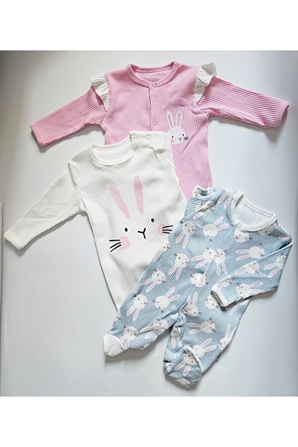 Necix's Tavşan Desenli Fitilli Pamuklu Uzun Kollu Patikli 3'lü Tulum Set Şeker Pembe-Açık Mavi