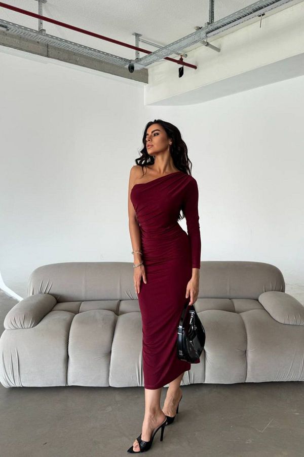 Sorridi Oleander Single Sleeve Draped Long Maxi Dress No Slit Trendyol