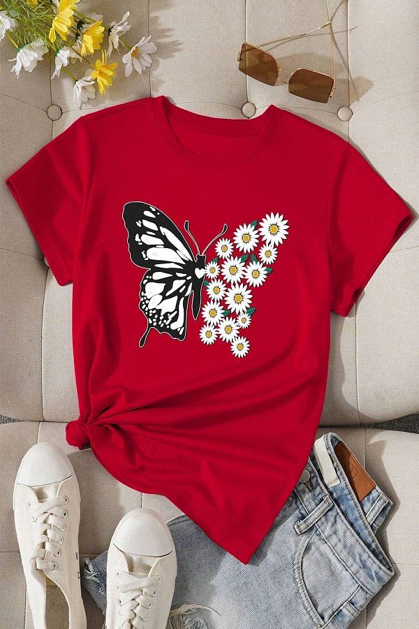 uyguntarz-Daisy Butterfly Design Baumwoll-T-Shirt 1