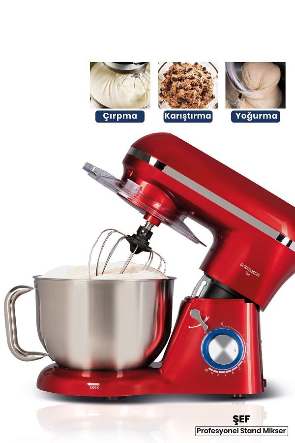 GOLDMASTER-Red 5.5 Liter 10 Level Impact Mixer - Speed Adjustable Whisk and Mixing Kneading Stand 1