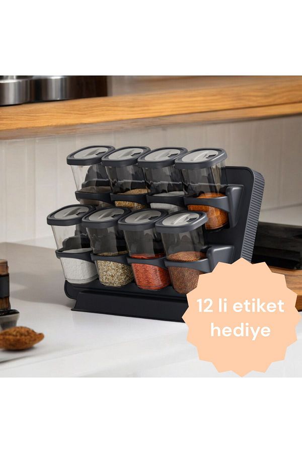 FERAH PLASTİK-8-Piece Spice Rack Set - Rotating Lid, Stand, Wall Mounted, Rotating Lid 1