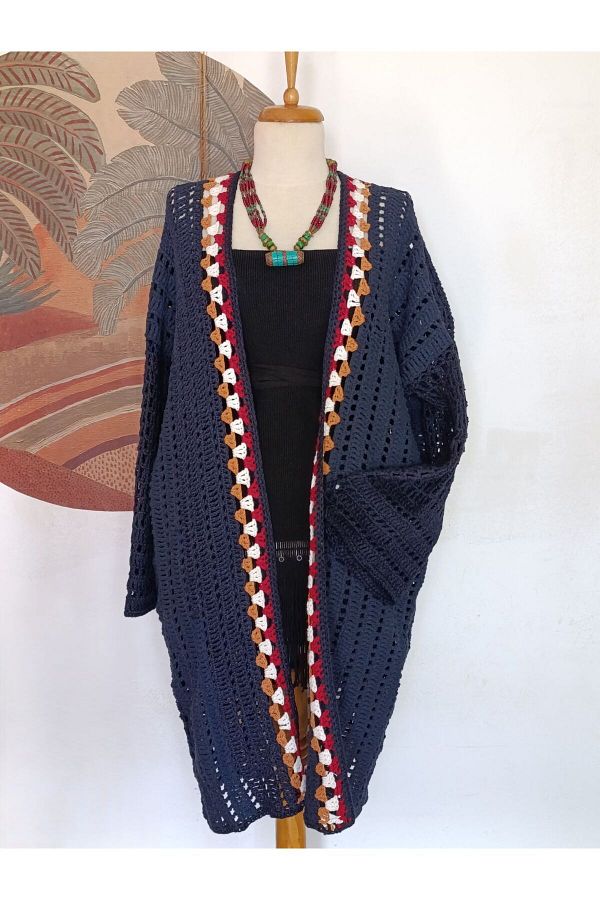 Hippybutik Designer Hand Knitted Navy Blue Native American Long Cardigan Trendyol