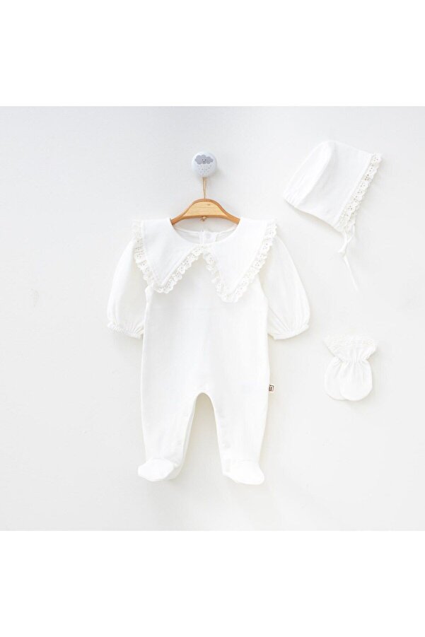 Minimus Yenidoğan Kız Bebek Lora Şapkalı Dantel Detaylı Patikli Ve Eldivenli Tulum Yeni Doğan Bebek