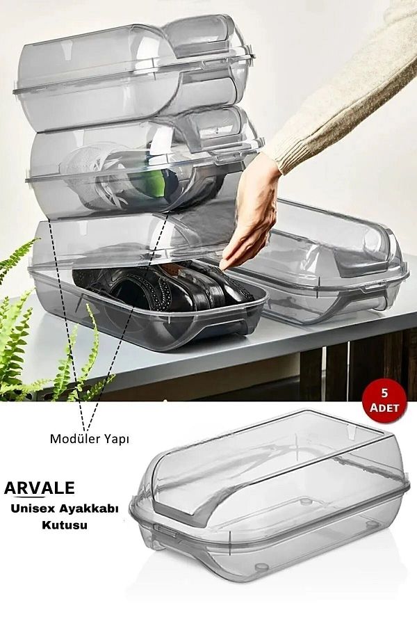 ARVALE-Unisex Breathable Smoked Storage Box with Lock Lid - Modular Structure, 5 Pieces Shoe Storage 1