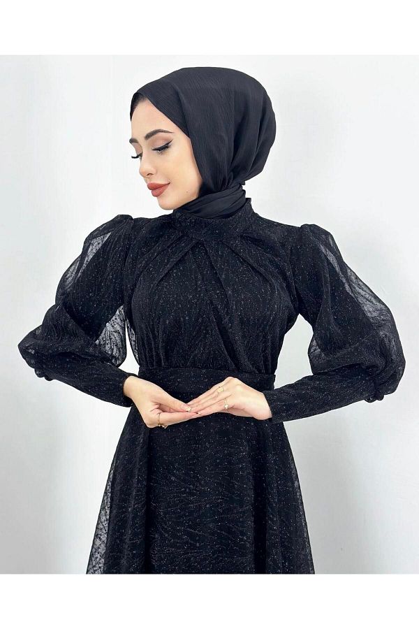 MERVEPLUME Jacquard Glitter Hijab Tulle Evening Dress Fashion Wedding Party Dress Black Trendyol