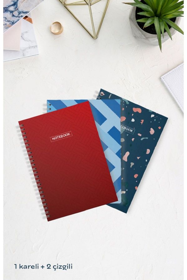 Hobbi Tasarım-A4 Notebook with 2 Lines and 1 Check - 70 Sheets, Pack of 3 1