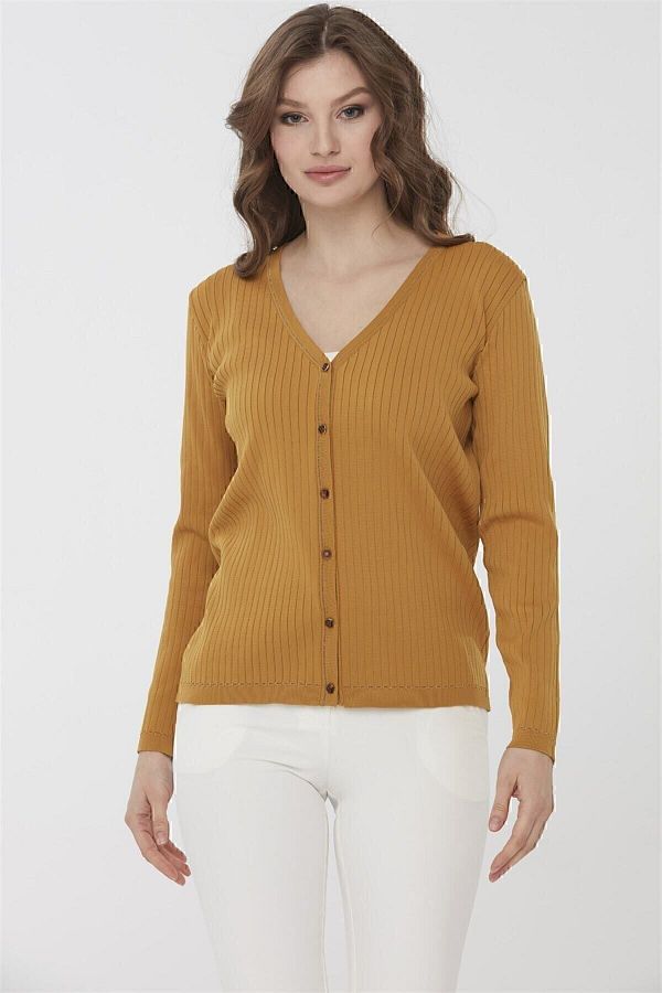 Desen Triko-Women's Lurex Knitwear Summer Cardigan Mustard 1