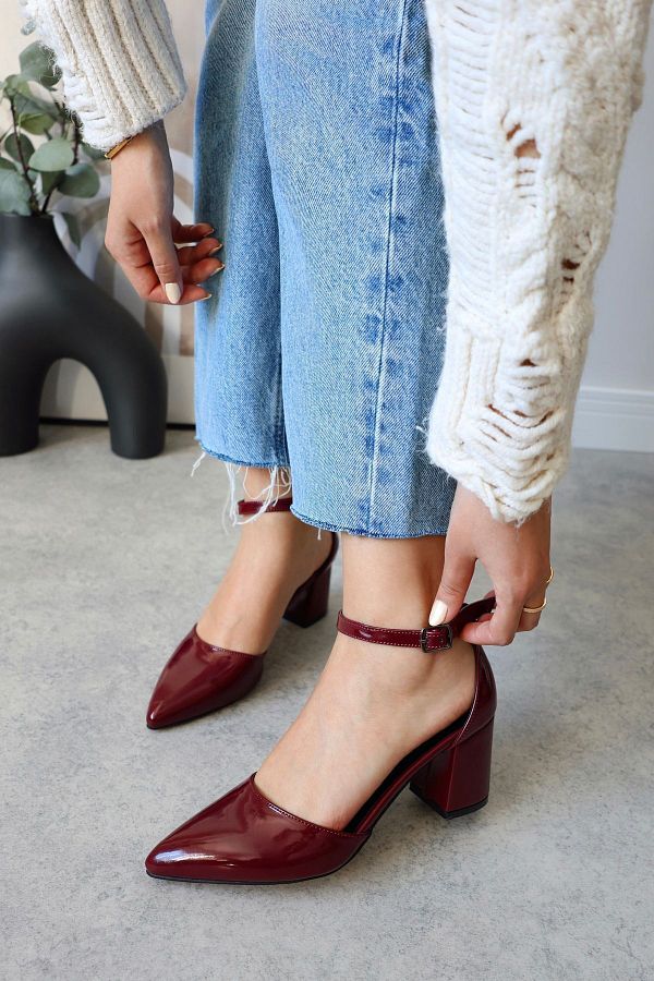 POLKA STORE Women s Ruth Short Thick Heeled Daily Comfortable Burgundy Patent Leather Cherry Red Shoes Trendyol