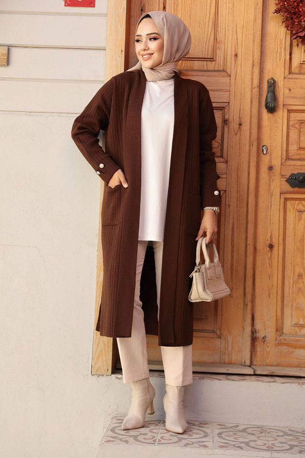 Neva Style Hijab Knitwear Cardigan 35531Kh Brown Trendyol