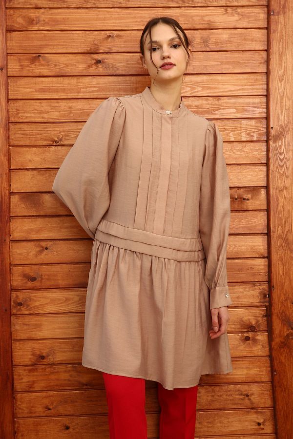 ALLDAY-Dark Beige Pleat Detailed Shirt Tunic 1