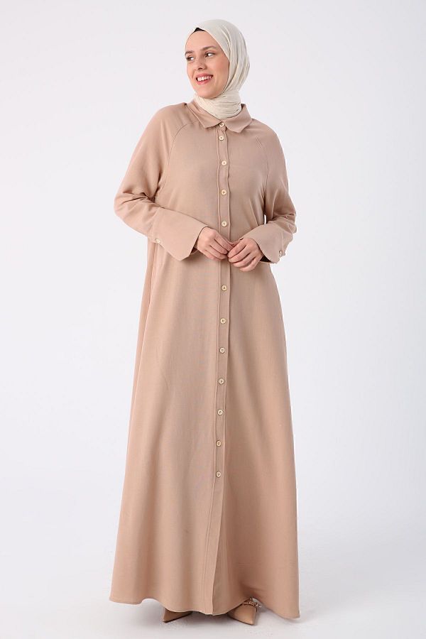 ALLDAY Dark Beige Raglan Sleeve Linen Abaya Trendyol