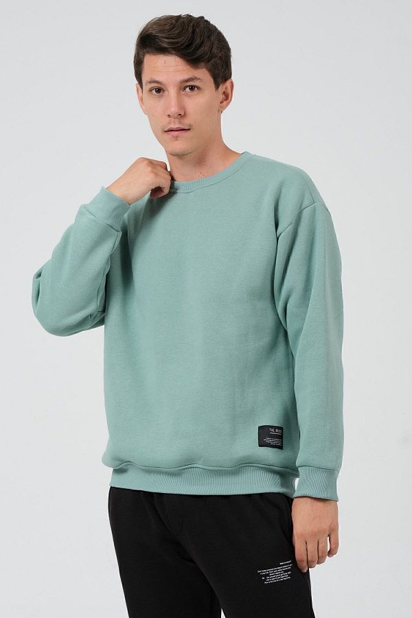 THE RULE Men s Green Oversize Fit Crew Neck Basic Soft Fuzzy Sweatshirt Trendyol