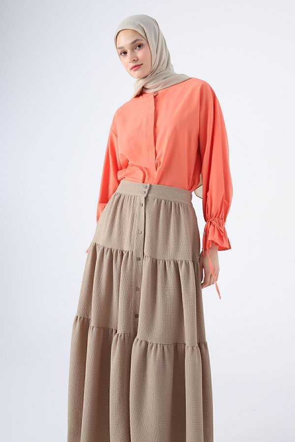 ALLDAY-Camel Buttoned, Elastic Waist, Ruffled Wrap Skirt 1