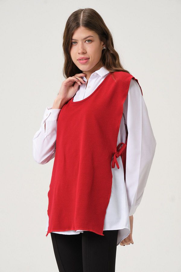 Nefise 23112 Women s Side Tie Basic Relax Fit Shirt and Sweater Set Red Trendyol