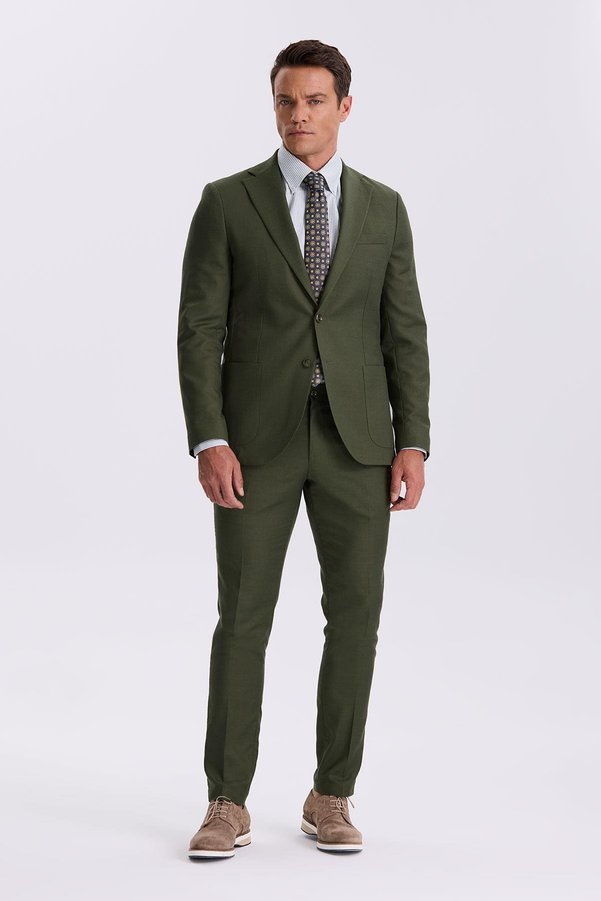 Jakamen Khaki Slim Fit Mono Collar Tensel Fabric Double Slit Pocket Suit