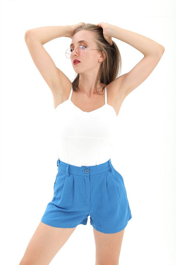 h hera giyim High Waist and Pleated Front Designed Linen Shorts Sax Blue Trendyol