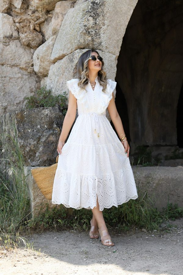 bytugcekaya Frill Front White Zero Sleeve Scallop Dress Trendyol