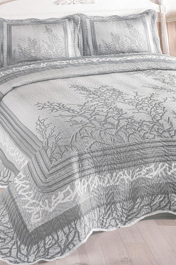 FAVORA-Eylül and Double Gray Quilted Bedspread Set 1