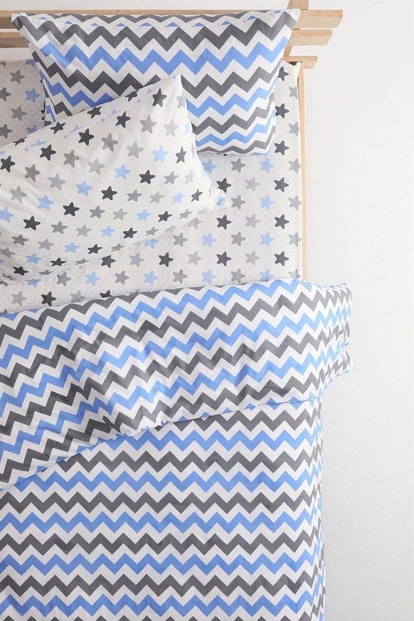 FAVORA-Zigzag Patterned Cotton Single Duvet Cover Set with Elastic Sheets - Blue 1