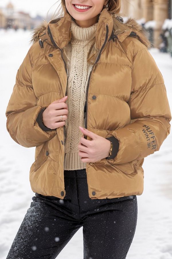 Tan hooded puffer jacket outlet