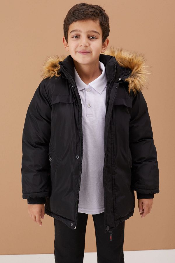 Cans n Mini Boy s Puffer Jacket Black Fur Hood Text Stripe 19072 Trendyol