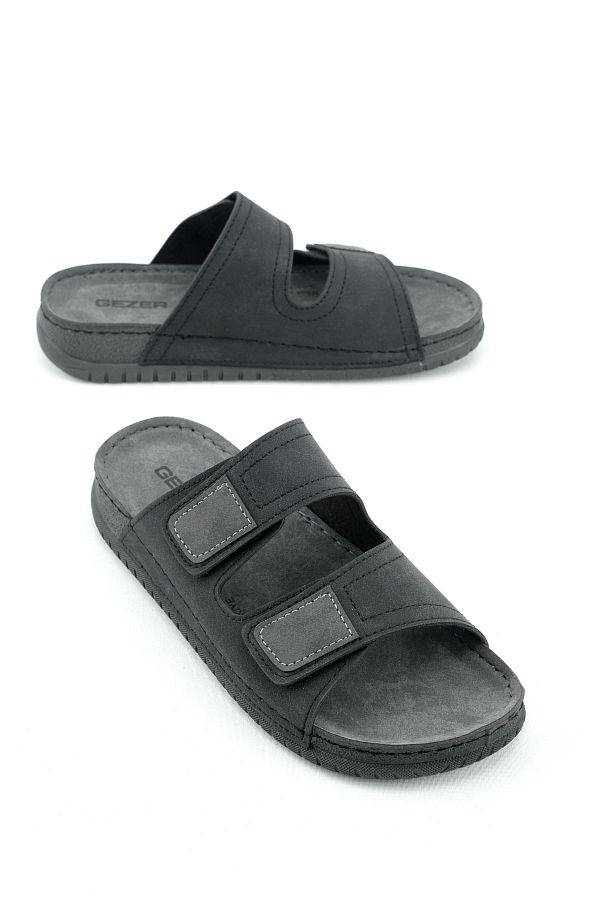Gezer Men s Faux Leather Summer Slippers Comfortable Insole Adjustable Belt and Two Velcro Trendyol