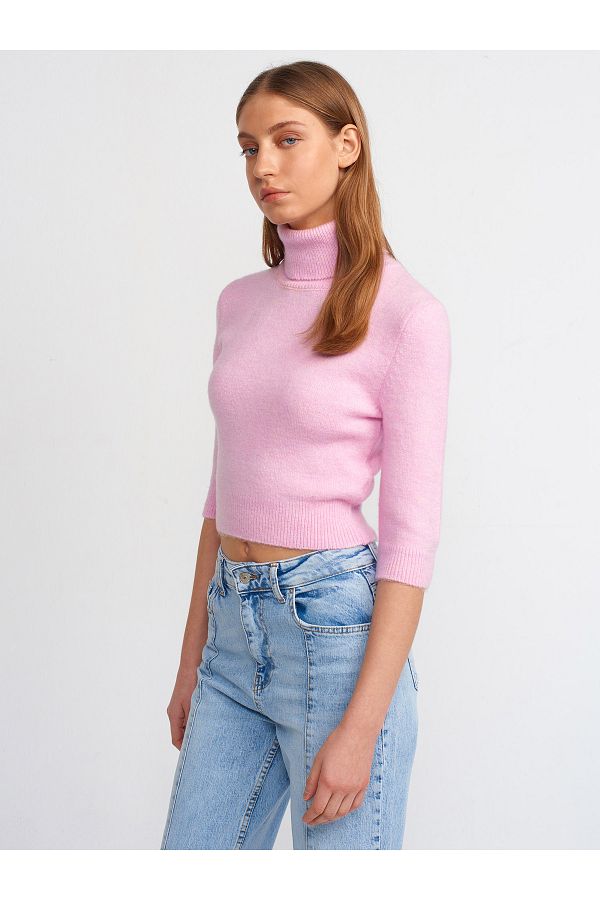 Dilvin 10306 Turtleneck Short Sleeve Crop Sweater Pink Trendyol