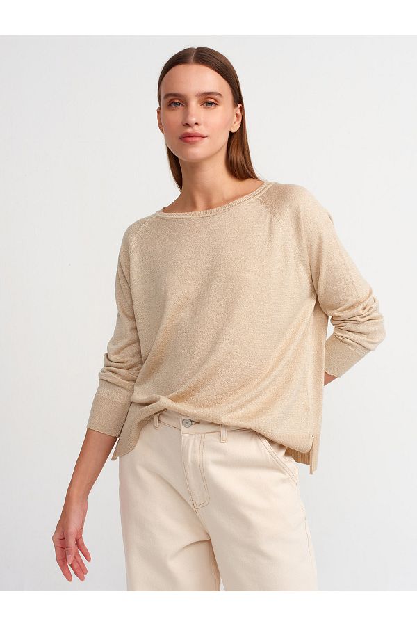Dilvin 10557 Beige Glittered Crew Neck Thin Knitwear Sweater Trendyol